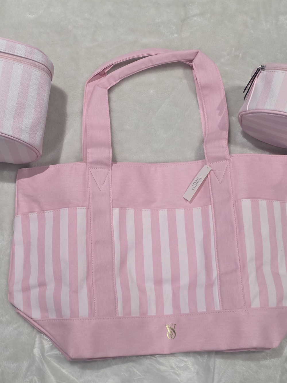 New! Victoria’s Secret Pink & White Stripes Tote Bag Purse & Makeup Travel Bags
